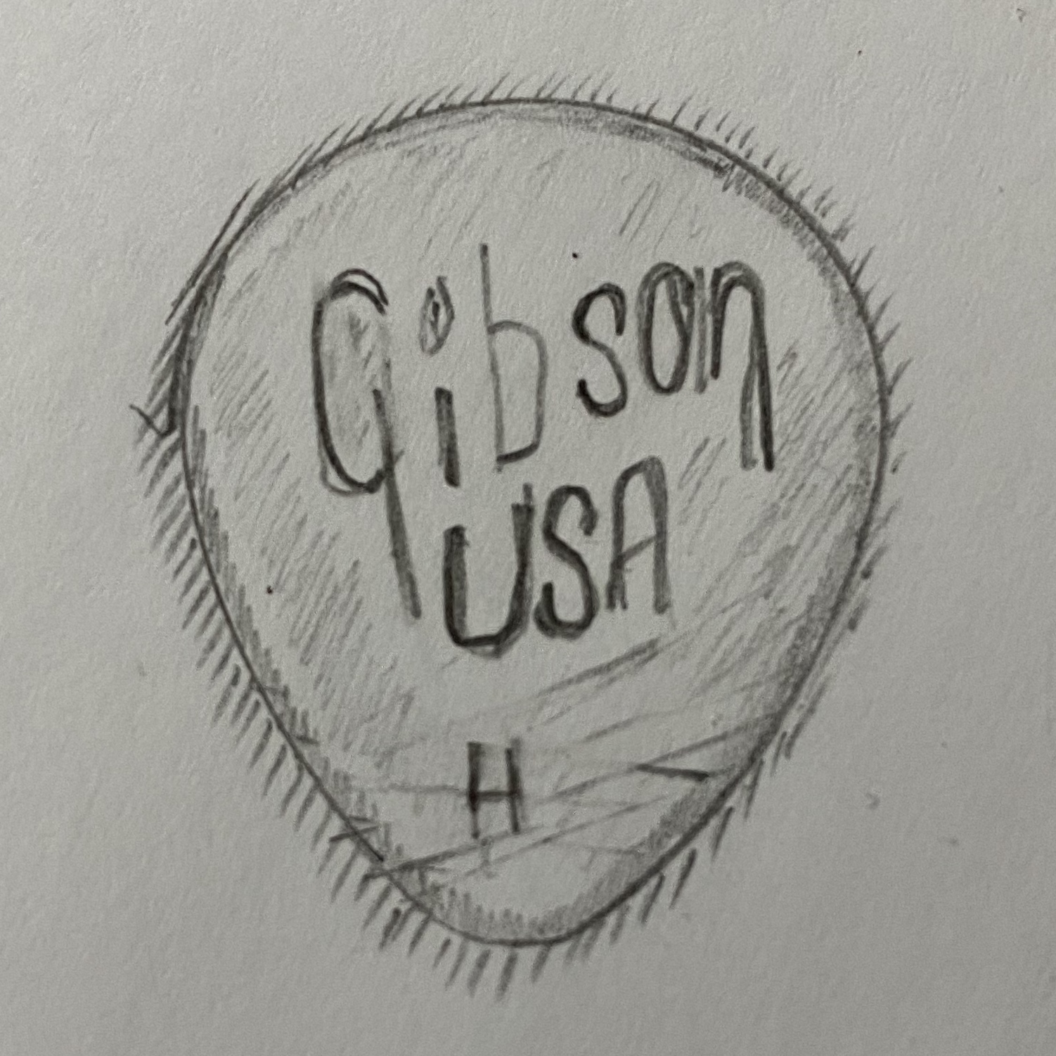 Pencil drawing of a scuffed up guitar pick, it has the words "Gibson USA - H" on it.